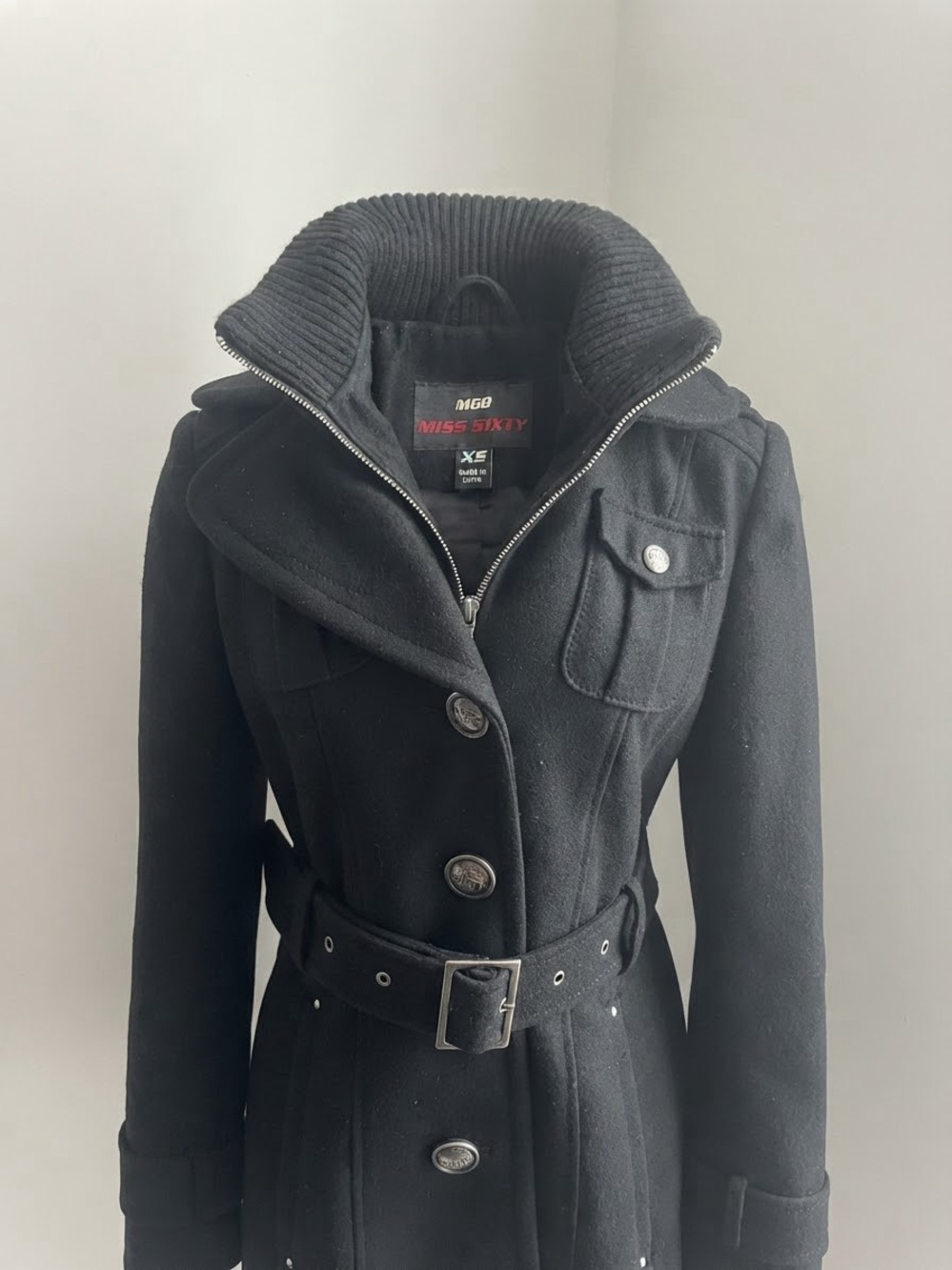 Miss Sixty Vintage Black Double-Breasted Wool Coat Jacket Ribbed Collar XS Y2K